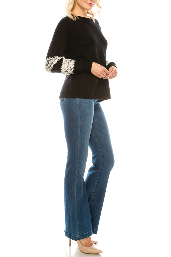 Sioni Black Sweater with Faux Fur, Reptile Print, and Rhinestone Studs