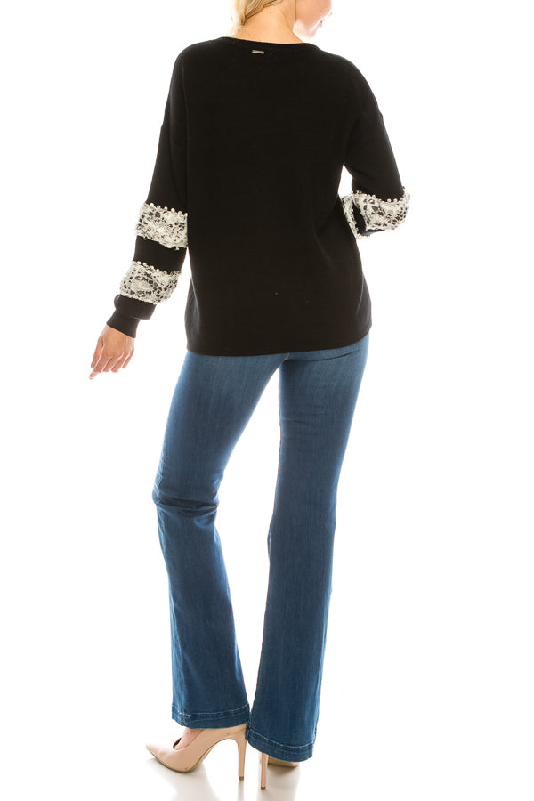 Sioni Black Sweater with Faux Fur, Reptile Print, and Rhinestone Studs
