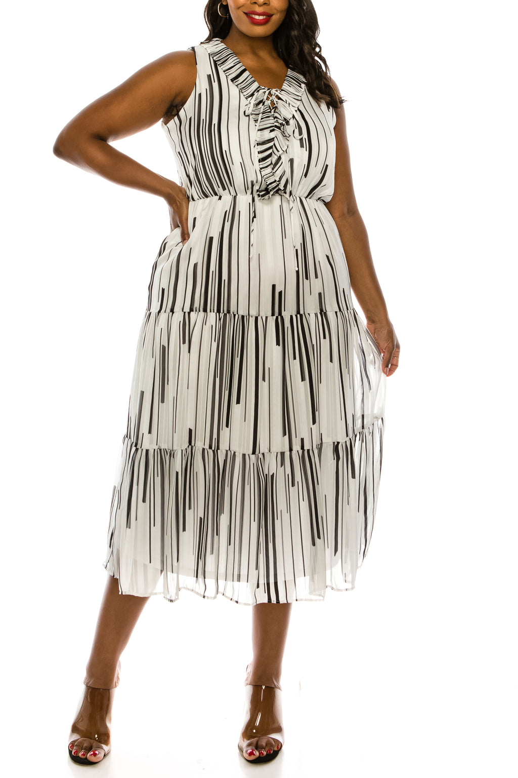 Taylor Black and White Stripe Tier Midi Dress