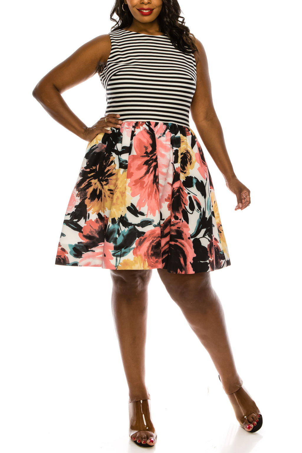 Taylor Black and White Stripe with Floral A-Line Dress