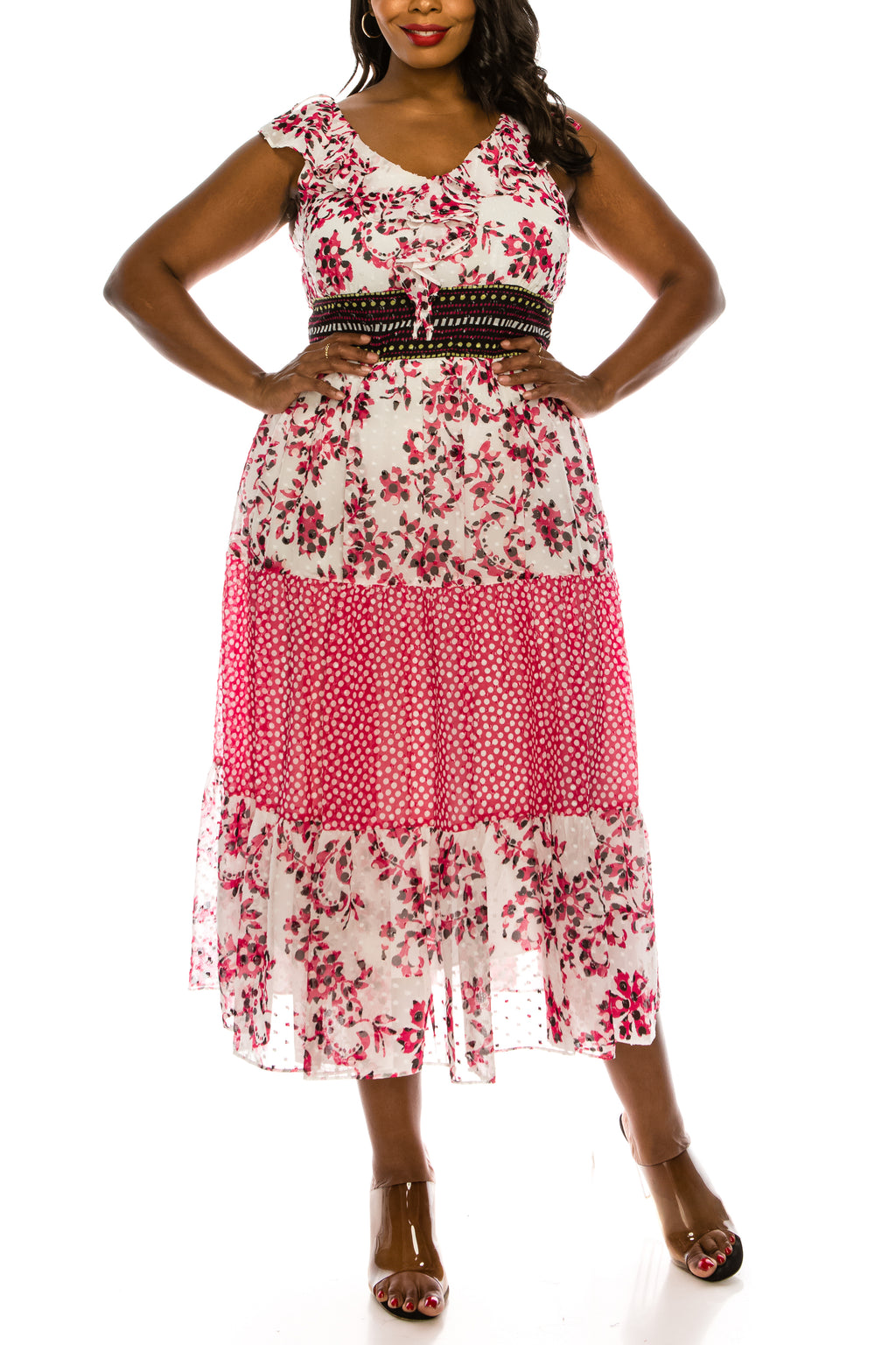 Taylor Red and White Multi Printed Chiffon Midi Dress