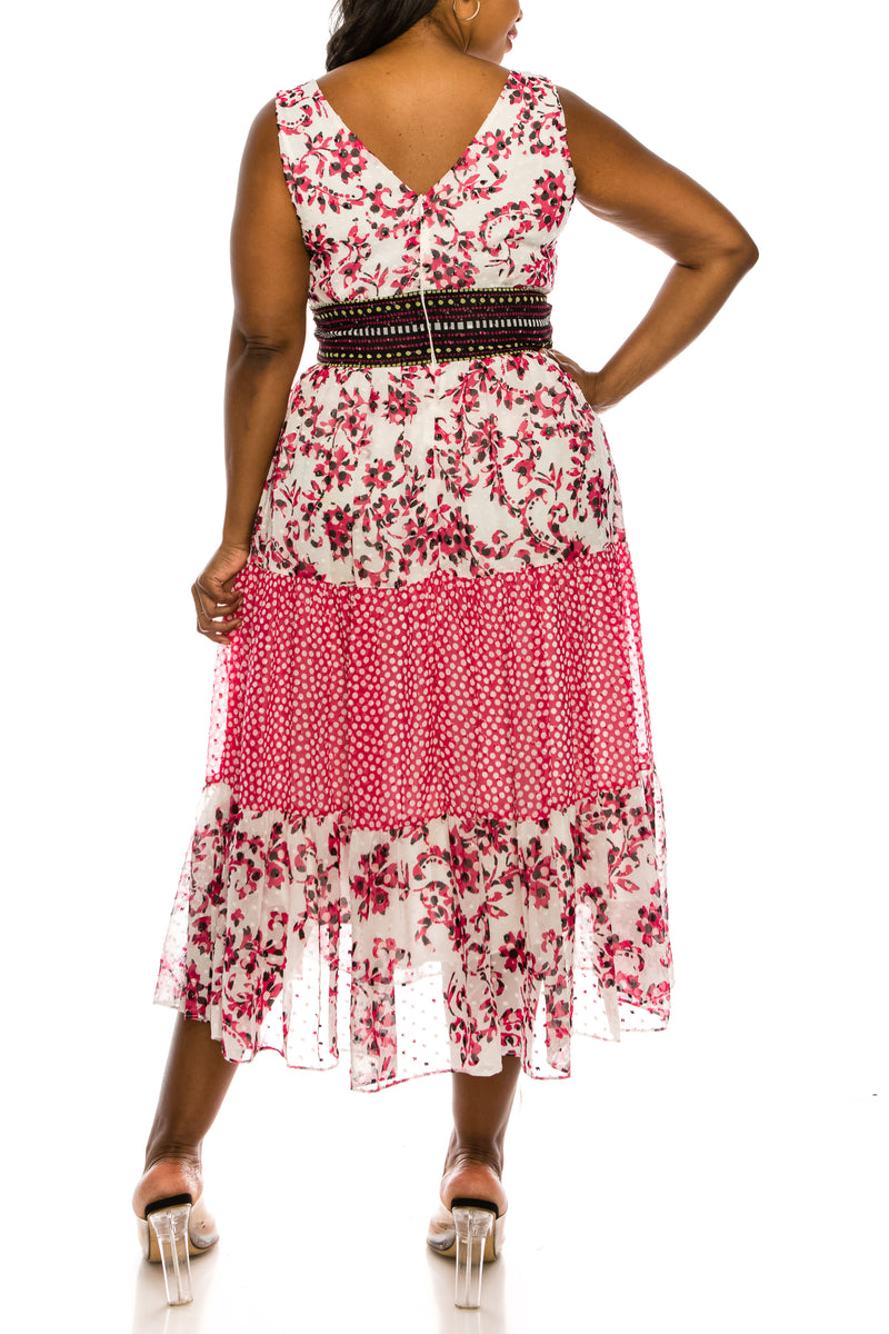 Taylor Red and White Multi Printed Chiffon Midi Dress
