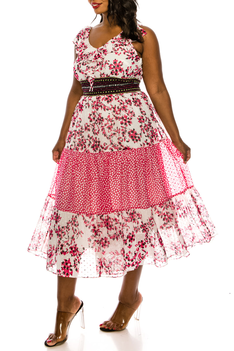 Taylor Red and White Multi Printed Chiffon Midi Dress