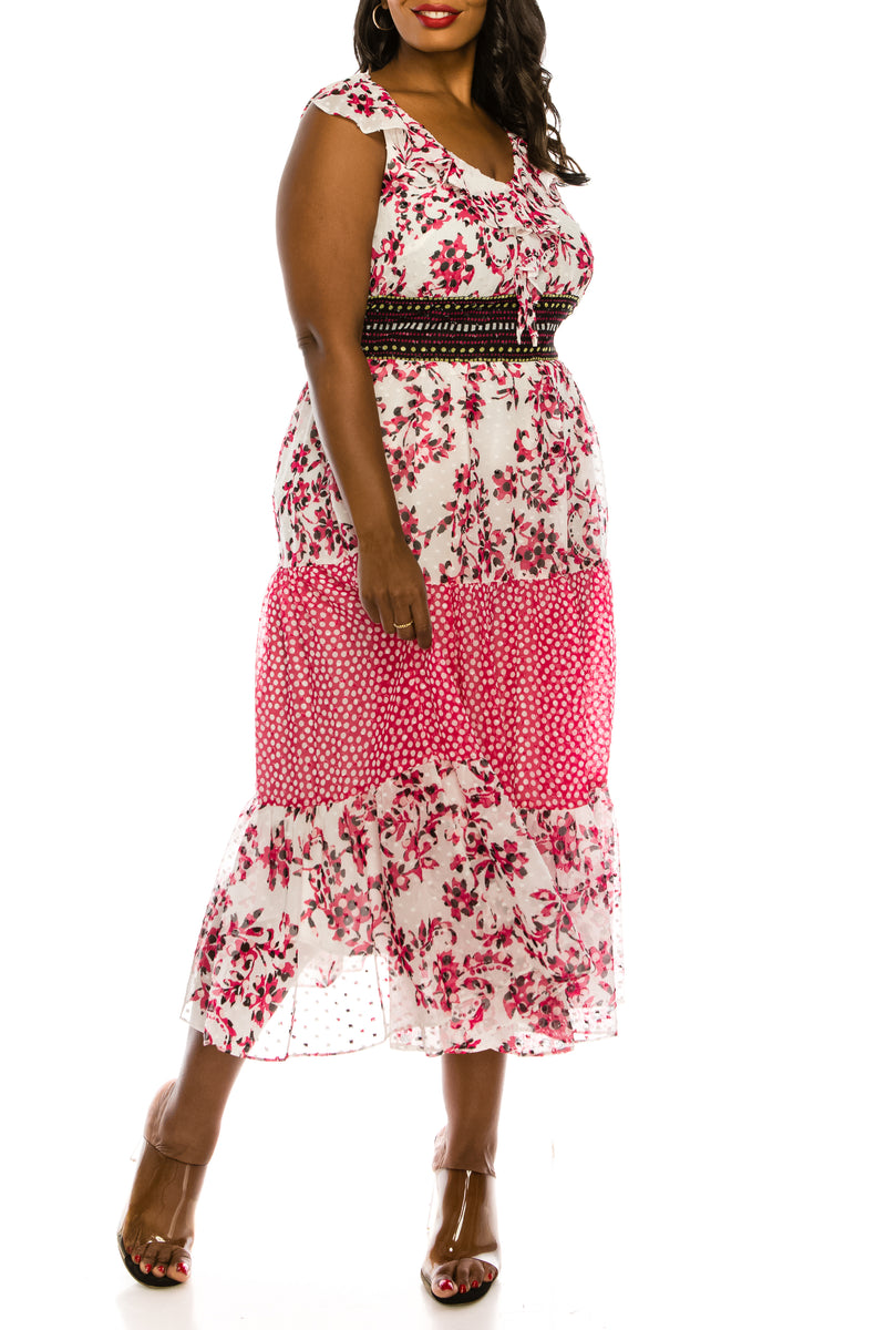 Taylor Red and White Multi Printed Chiffon Midi Dress