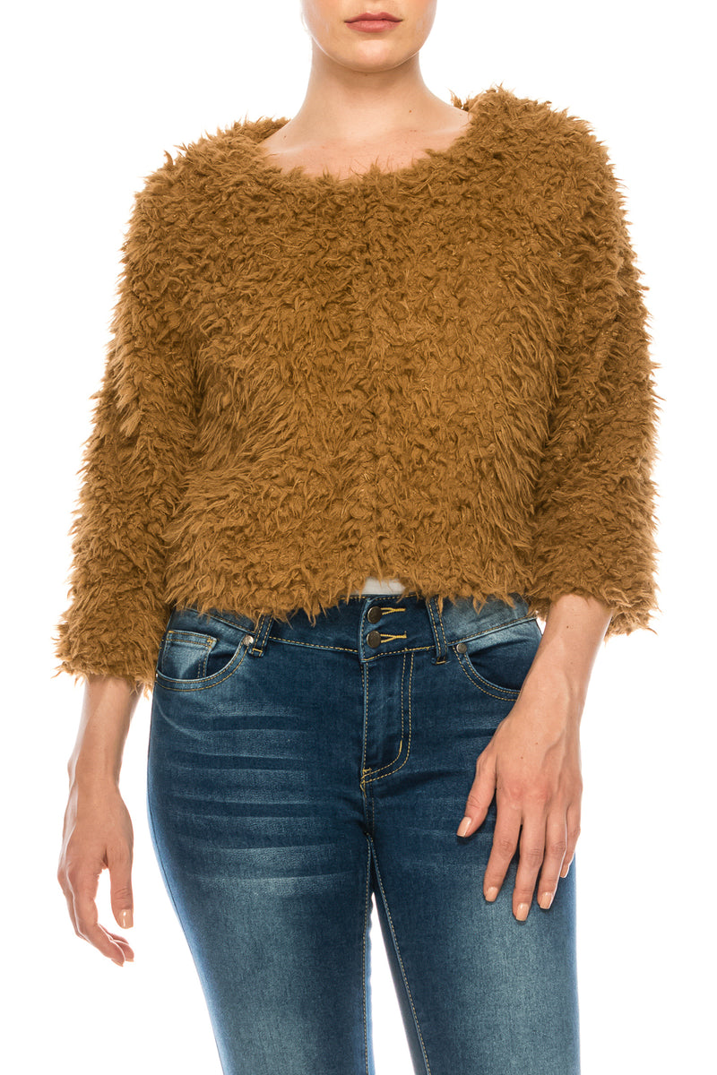 TM Collections Teddy Brown Faux Fur Cropped Jacket