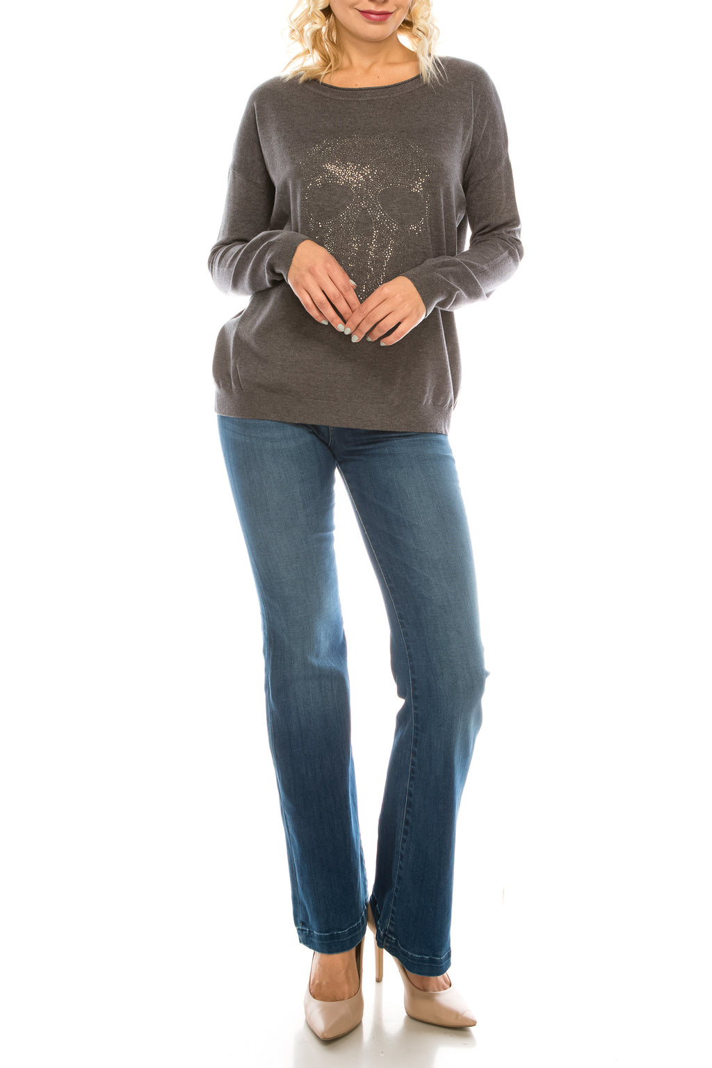 Vila Milano Grey Studded Skull Sweater