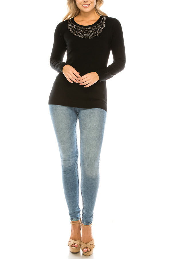 Vila Milano Wool Blend Embellished Neckline Sweater (Additional Colors)