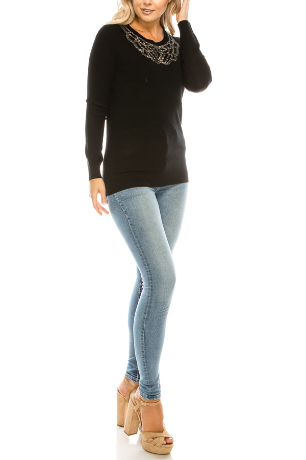 Vila Milano Wool Blend Embellished Neckline Sweater (Additional Colors)