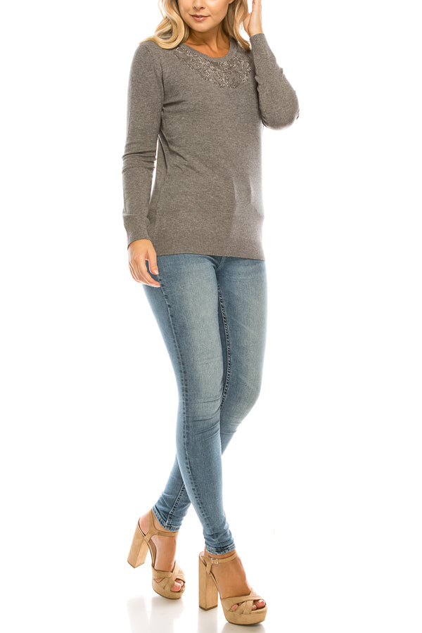 Vila Milano Wool Blend Embellished Neckline Sweater (Additional Colors)