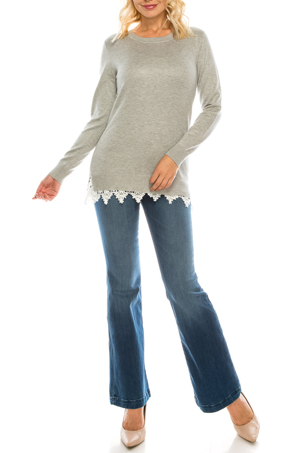 Vila Milano Silver Eggshell Cotton Blend Sweater with Lace Hem Trim
