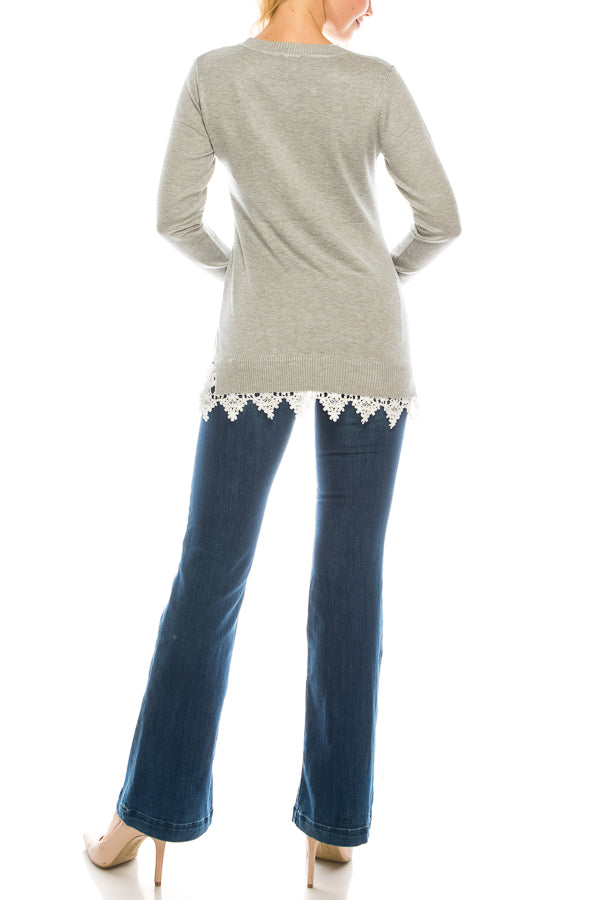 Vila Milano Silver Eggshell Cotton Blend Sweater with Lace Hem Trim