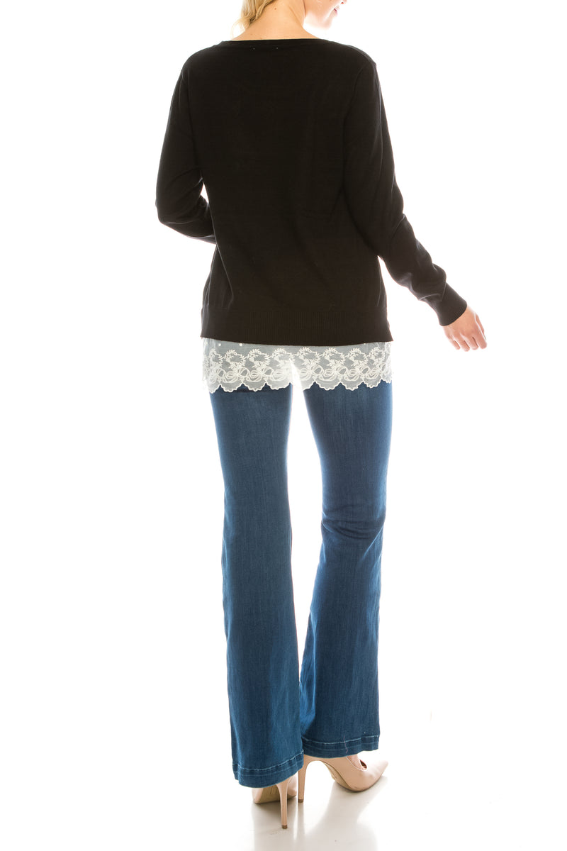 Vila Milano Cotton Blend Sweater with Scalloped Lace Hem (Additional Colors)