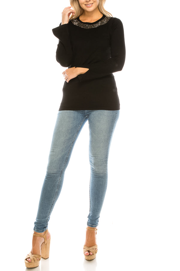 Vila Milano Cotton Blend Sweater with Studded Neckline (Additional Colors)