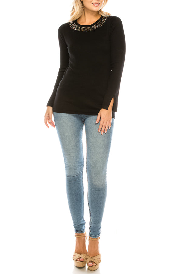 Vila Milano Cotton Blend Sweater with Studded Neckline (Additional Colors)