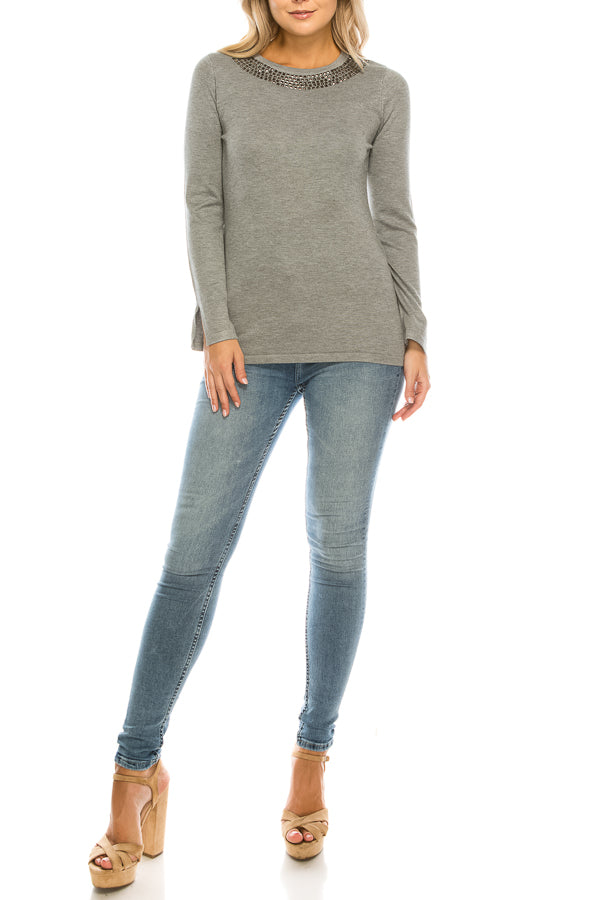 Vila Milano Cotton Blend Sweater with Studded Neckline (Additional Colors)