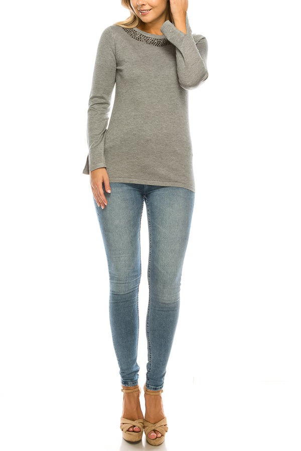 Vila Milano Cotton Blend Sweater with Studded Neckline (Additional Colors)
