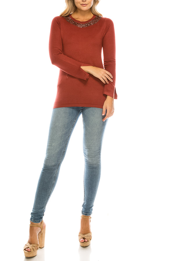 Vila Milano Cotton Blend Sweater with Studded Neckline (Additional Colors)