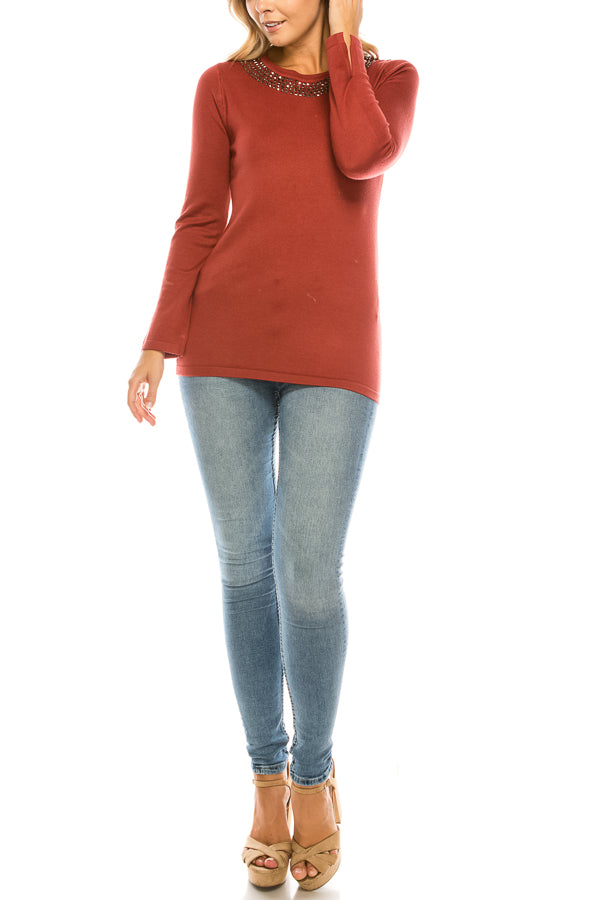 Vila Milano Cotton Blend Sweater with Studded Neckline (Additional Colors)