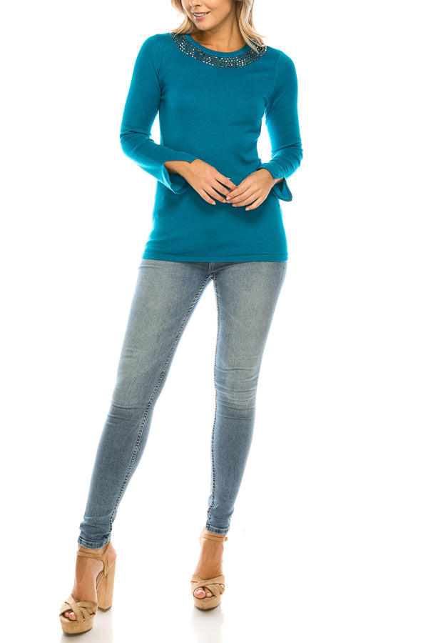 Vila Milano Cotton Blend Sweater with Studded Neckline (Additional Colors)