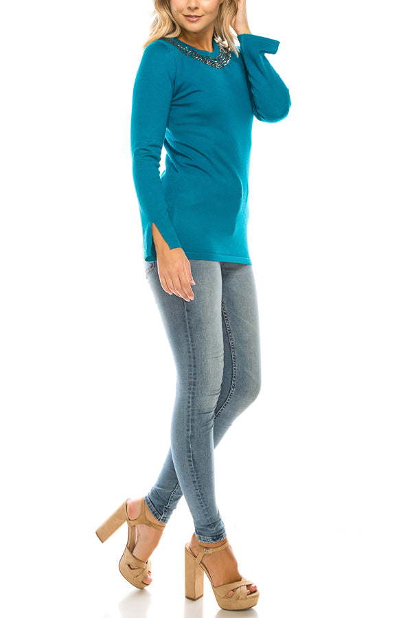 Vila Milano Cotton Blend Sweater with Studded Neckline (Additional Colors)