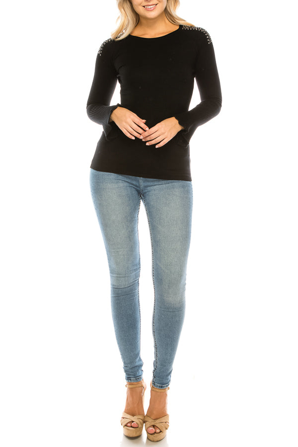 Vila Milano Wool Blend Sweater with Studded Shoulders (Additional Colors)