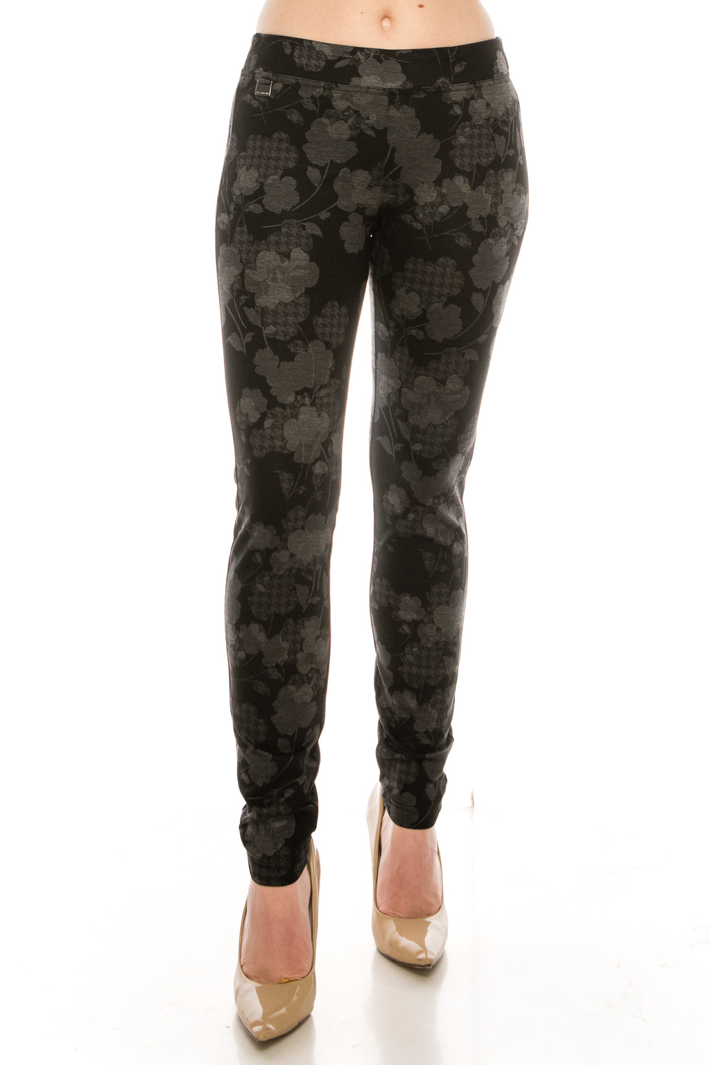 Zac & Rachel Black Grey Floral Print Figure Defining Legging Pants