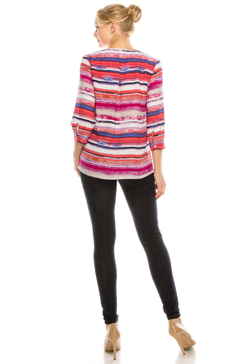 Zac & Rachel Split Neck Button Cuffed 3/4 Sleeve Crepe Top (Additional Color Options)