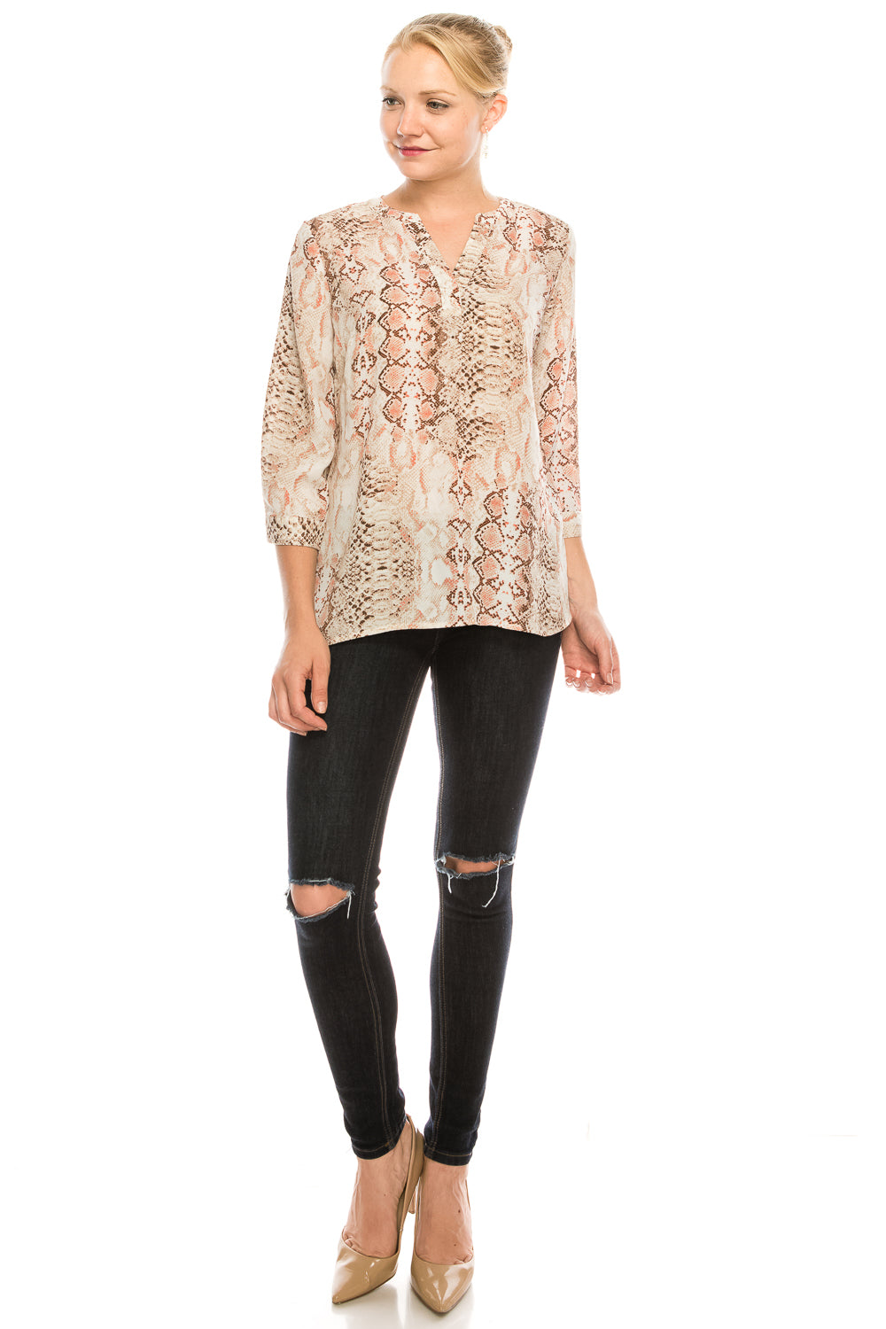Zac & Rachel Split Neck Button Cuffed 3/4 Sleeve Crepe Top (Additional Color Options)