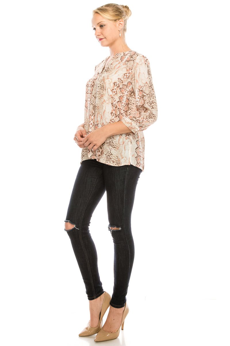 Zac & Rachel Split Neck Button Cuffed 3/4 Sleeve Crepe Top (Additional Color Options)